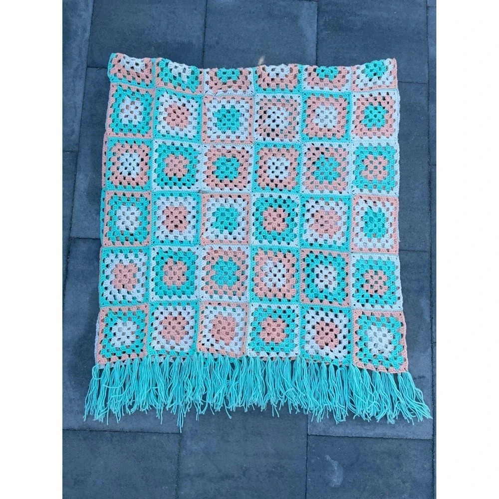 Handmade Crochet Granny Square Multicolor Fringed Throw Blanket 39x82 Peach Teal